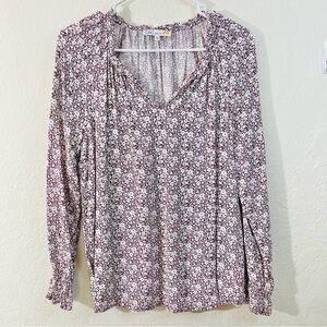 C&C California Floral V-Neck Blouse Brown/White Women Medium Casual Travel